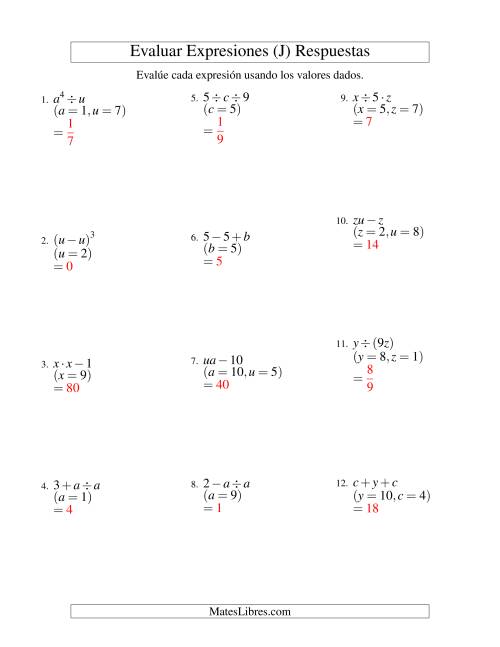 La hoja de ejercicios de Evaluar Expresiones Algebraicas, Dos Variables, Dos Pasos (J) Página 2