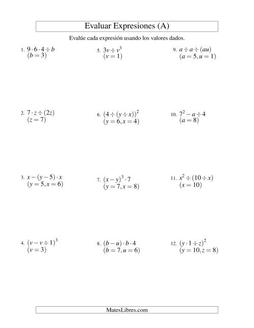 La hoja de ejercicios de Evaluar Expresiones Algebraicas, Dos Variables, Tres Pasos (A)
