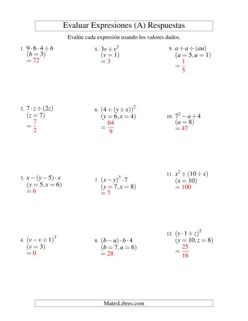 La hoja de ejercicios de Evaluar Expresiones Algebraicas, Dos Variables, Tres Pasos (A) Página 2