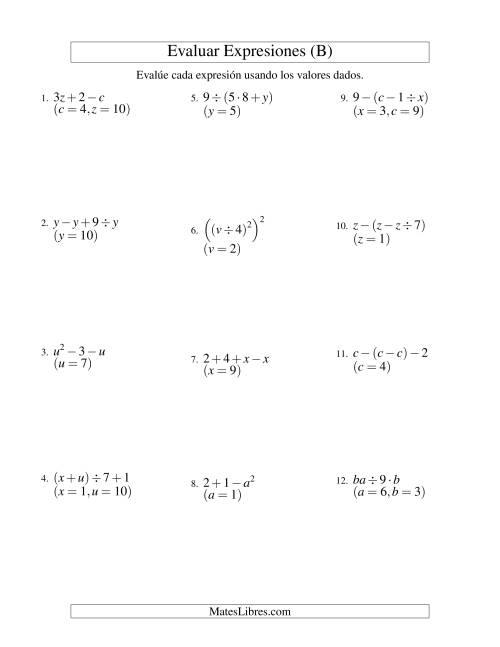 La hoja de ejercicios de Evaluar Expresiones Algebraicas, Dos Variables, Tres Pasos (B)