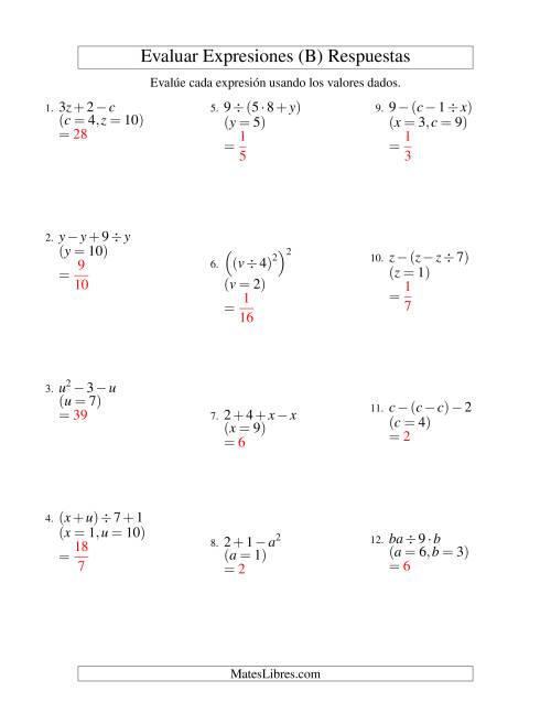 La hoja de ejercicios de Evaluar Expresiones Algebraicas, Dos Variables, Tres Pasos (B) Página 2