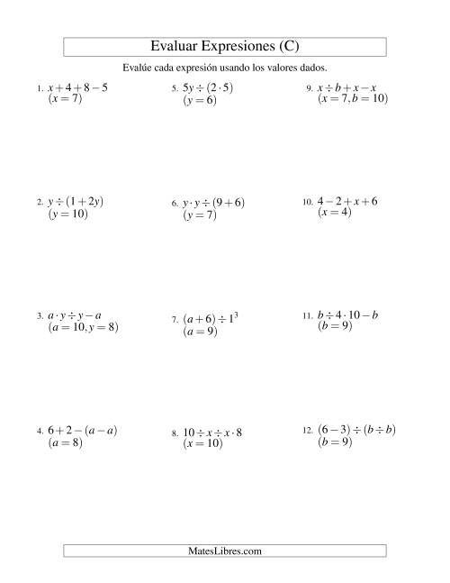 La hoja de ejercicios de Evaluar Expresiones Algebraicas, Dos Variables, Tres Pasos (C)