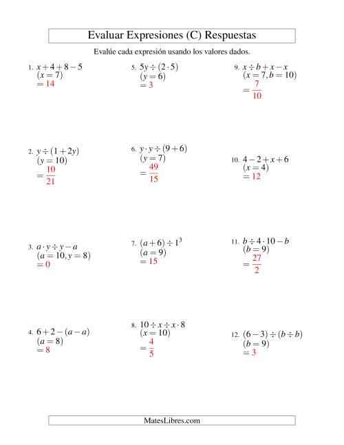 La hoja de ejercicios de Evaluar Expresiones Algebraicas, Dos Variables, Tres Pasos (C) Página 2