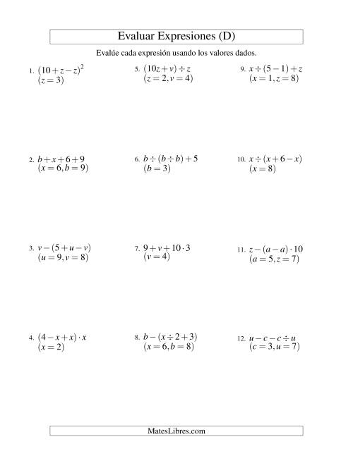 La hoja de ejercicios de Evaluar Expresiones Algebraicas, Dos Variables, Tres Pasos (D)