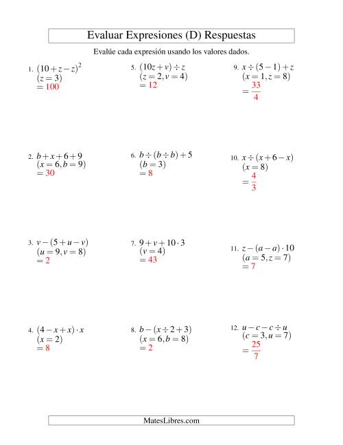 La hoja de ejercicios de Evaluar Expresiones Algebraicas, Dos Variables, Tres Pasos (D) Página 2