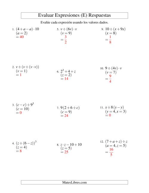La hoja de ejercicios de Evaluar Expresiones Algebraicas, Dos Variables, Tres Pasos (E) Página 2