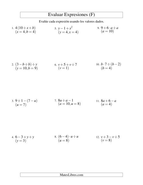 La hoja de ejercicios de Evaluar Expresiones Algebraicas, Dos Variables, Tres Pasos (F)