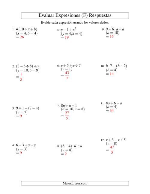 La hoja de ejercicios de Evaluar Expresiones Algebraicas, Dos Variables, Tres Pasos (F) Página 2