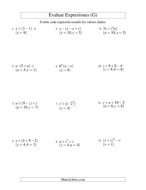 La hoja de ejercicios de Evaluar Expresiones Algebraicas, Dos Variables, Tres Pasos (G)