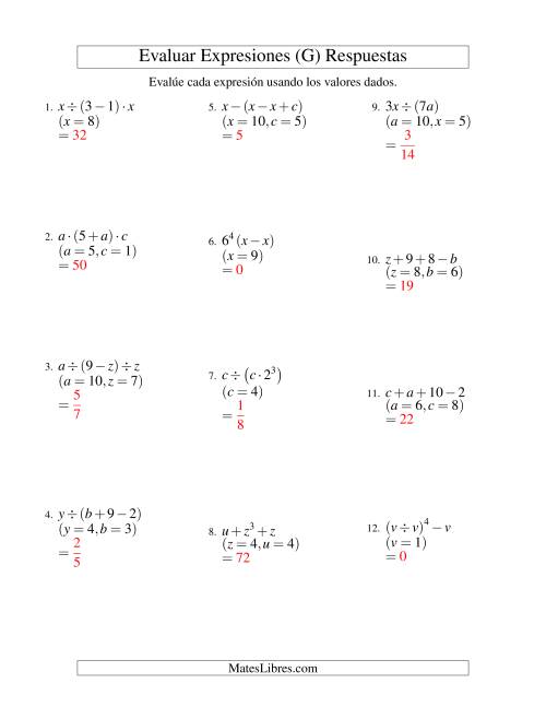 La hoja de ejercicios de Evaluar Expresiones Algebraicas, Dos Variables, Tres Pasos (G) Página 2