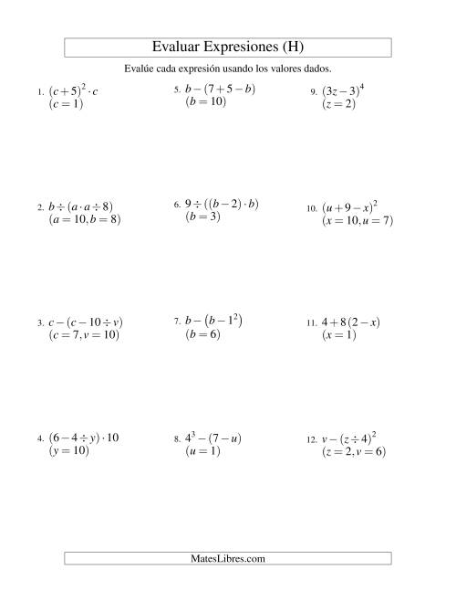 La hoja de ejercicios de Evaluar Expresiones Algebraicas, Dos Variables, Tres Pasos (H)