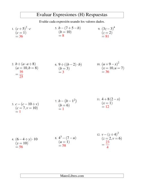 La hoja de ejercicios de Evaluar Expresiones Algebraicas, Dos Variables, Tres Pasos (H) Página 2