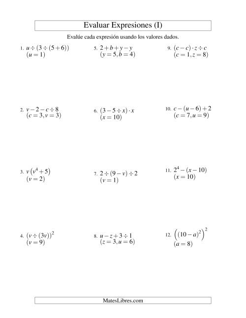 La hoja de ejercicios de Evaluar Expresiones Algebraicas, Dos Variables, Tres Pasos (I)