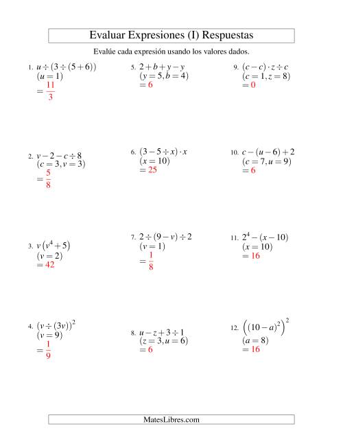 La hoja de ejercicios de Evaluar Expresiones Algebraicas, Dos Variables, Tres Pasos (I) Página 2