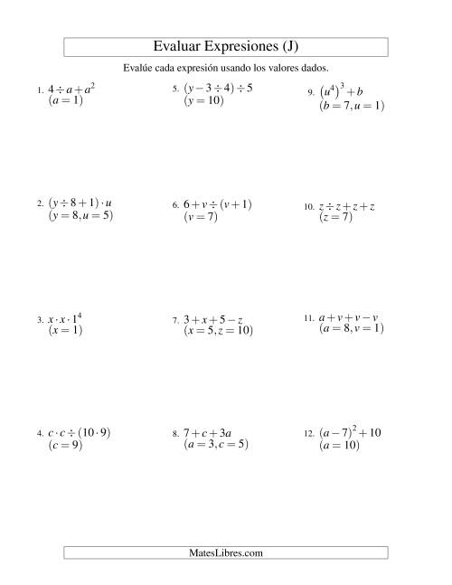 La hoja de ejercicios de Evaluar Expresiones Algebraicas, Dos Variables, Tres Pasos (J)