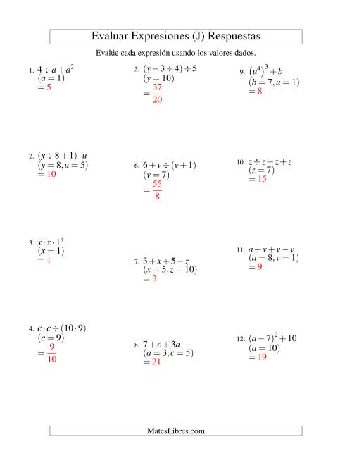 La hoja de ejercicios de Evaluar Expresiones Algebraicas, Dos Variables, Tres Pasos (J) Página 2