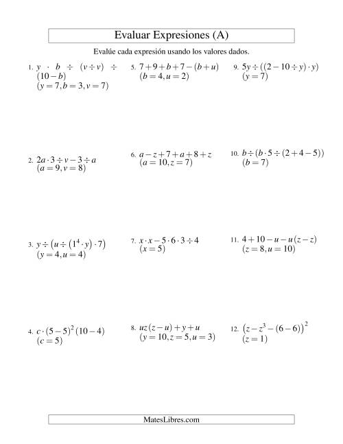 La hoja de ejercicios de Evaluar Expresiones Algebraicas, Tres Variables, Cinco Pasos (A)
