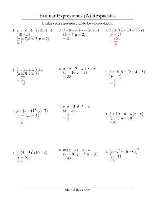 La hoja de ejercicios de Evaluar Expresiones Algebraicas, Tres Variables, Cinco Pasos (A) Página 2