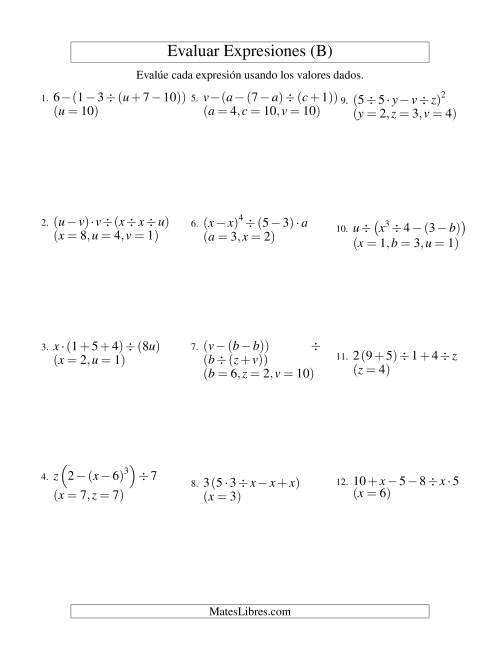 La hoja de ejercicios de Evaluar Expresiones Algebraicas, Tres Variables, Cinco Pasos (B)
