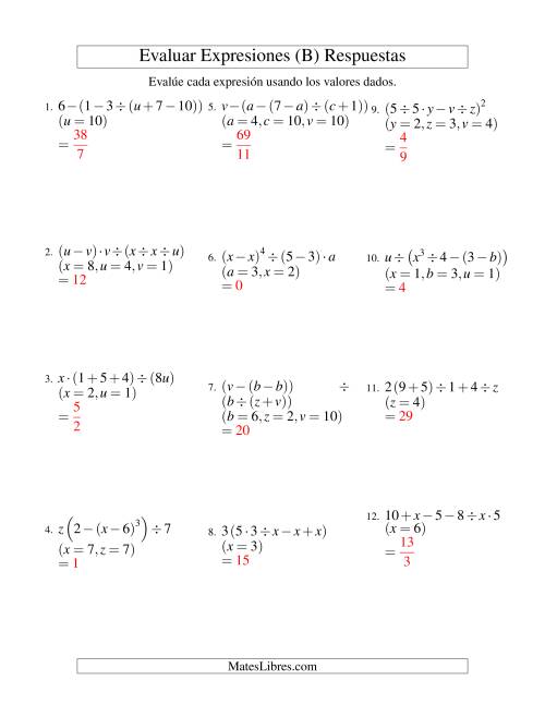 La hoja de ejercicios de Evaluar Expresiones Algebraicas, Tres Variables, Cinco Pasos (B) Página 2