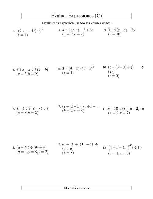La hoja de ejercicios de Evaluar Expresiones Algebraicas, Tres Variables, Cinco Pasos (C)
