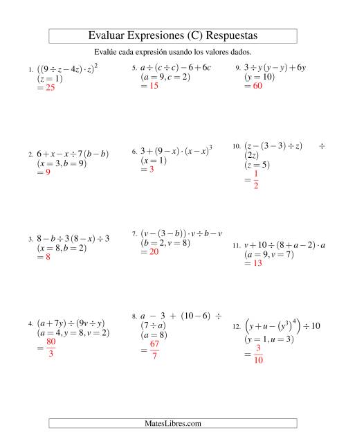 La hoja de ejercicios de Evaluar Expresiones Algebraicas, Tres Variables, Cinco Pasos (C) Página 2