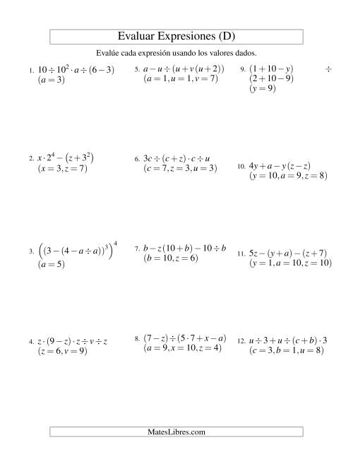 La hoja de ejercicios de Evaluar Expresiones Algebraicas, Tres Variables, Cinco Pasos (D)