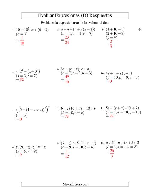 La hoja de ejercicios de Evaluar Expresiones Algebraicas, Tres Variables, Cinco Pasos (D) Página 2
