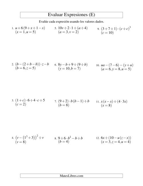 La hoja de ejercicios de Evaluar Expresiones Algebraicas, Tres Variables, Cinco Pasos (E)