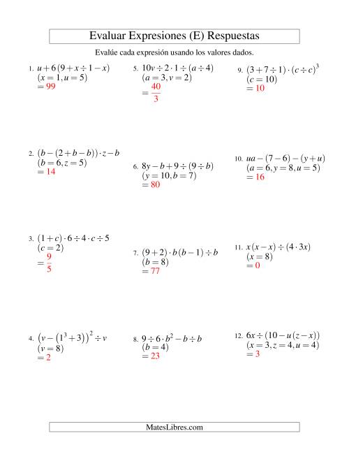 La hoja de ejercicios de Evaluar Expresiones Algebraicas, Tres Variables, Cinco Pasos (E) Página 2