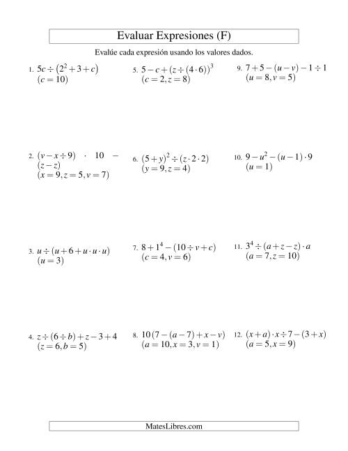 La hoja de ejercicios de Evaluar Expresiones Algebraicas, Tres Variables, Cinco Pasos (F)