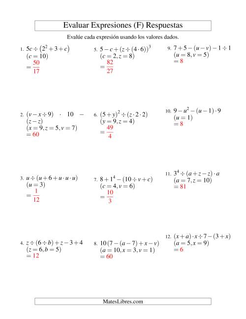 La hoja de ejercicios de Evaluar Expresiones Algebraicas, Tres Variables, Cinco Pasos (F) Página 2
