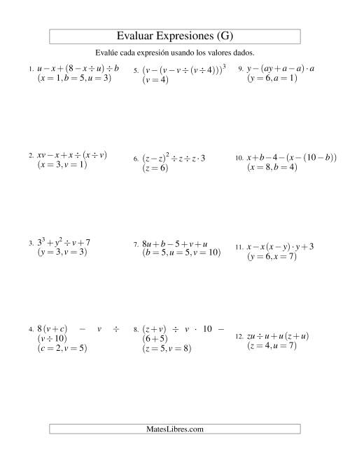 La hoja de ejercicios de Evaluar Expresiones Algebraicas, Tres Variables, Cinco Pasos (G)