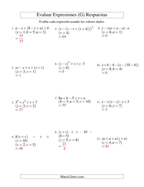La hoja de ejercicios de Evaluar Expresiones Algebraicas, Tres Variables, Cinco Pasos (G) Página 2