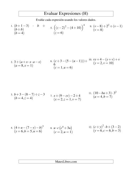 La hoja de ejercicios de Evaluar Expresiones Algebraicas, Tres Variables, Cinco Pasos (H)