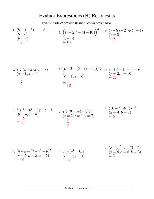La hoja de ejercicios de Evaluar Expresiones Algebraicas, Tres Variables, Cinco Pasos (H) Página 2