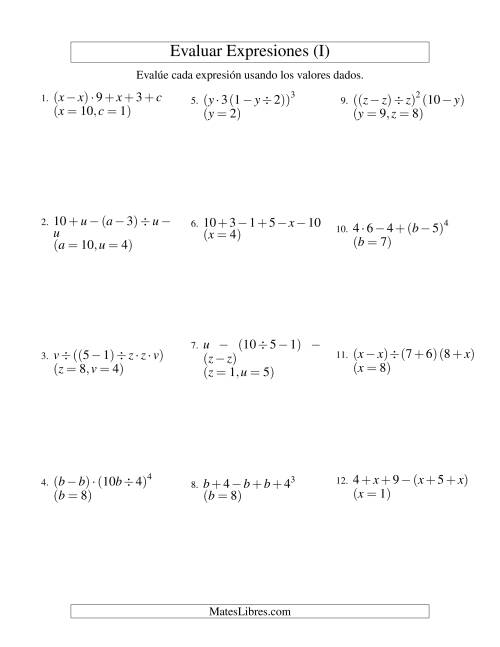 La hoja de ejercicios de Evaluar Expresiones Algebraicas, Tres Variables, Cinco Pasos (I)
