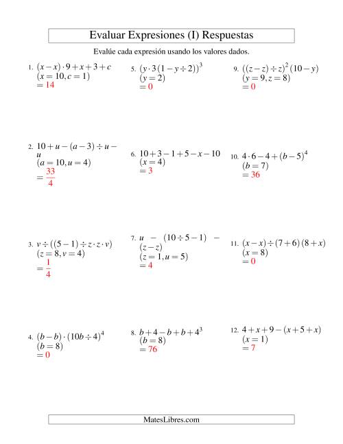 La hoja de ejercicios de Evaluar Expresiones Algebraicas, Tres Variables, Cinco Pasos (I) Página 2