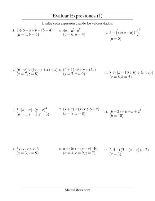 La hoja de ejercicios de Evaluar Expresiones Algebraicas, Tres Variables, Cinco Pasos (J)