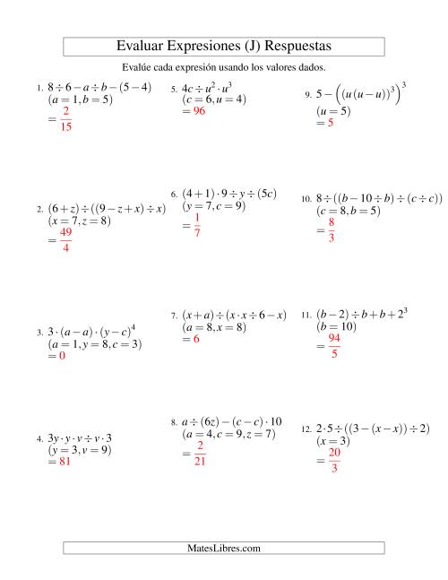 La hoja de ejercicios de Evaluar Expresiones Algebraicas, Tres Variables, Cinco Pasos (J) Página 2