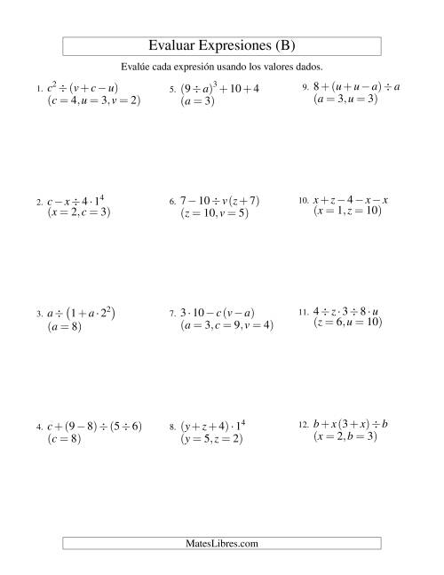 La hoja de ejercicios de Evaluar Expresiones Algebraicas, Tres Variables, Cuatro Pasos (B)