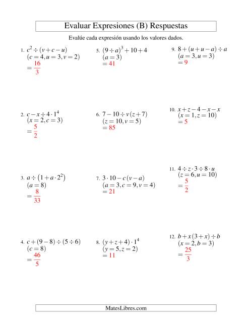 La hoja de ejercicios de Evaluar Expresiones Algebraicas, Tres Variables, Cuatro Pasos (B) Página 2