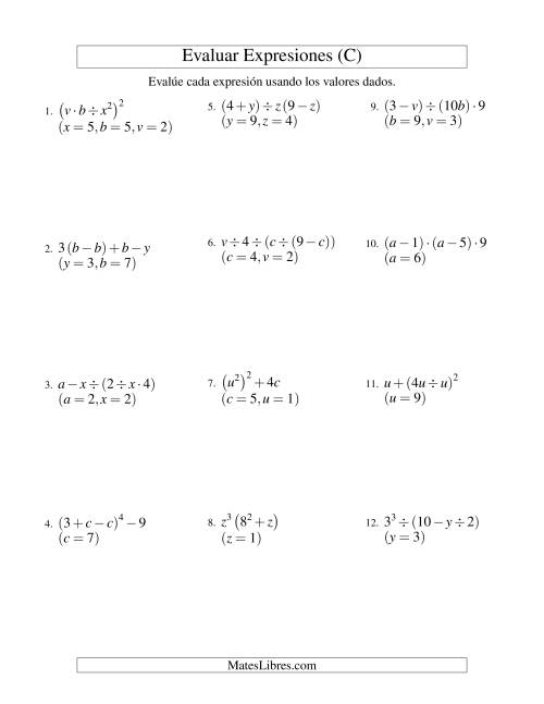 La hoja de ejercicios de Evaluar Expresiones Algebraicas, Tres Variables, Cuatro Pasos (C)