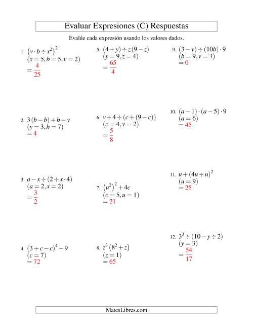 La hoja de ejercicios de Evaluar Expresiones Algebraicas, Tres Variables, Cuatro Pasos (C) Página 2