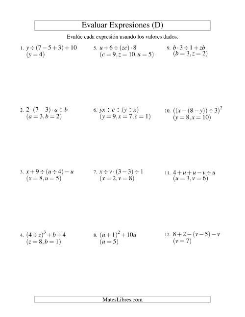 La hoja de ejercicios de Evaluar Expresiones Algebraicas, Tres Variables, Cuatro Pasos (D)