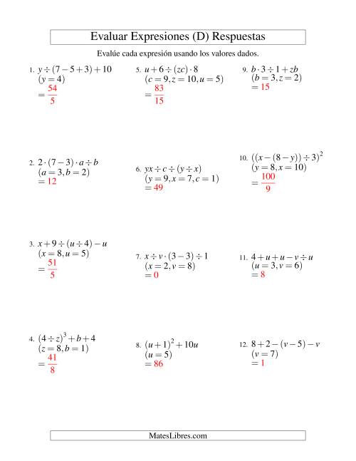 La hoja de ejercicios de Evaluar Expresiones Algebraicas, Tres Variables, Cuatro Pasos (D) Página 2