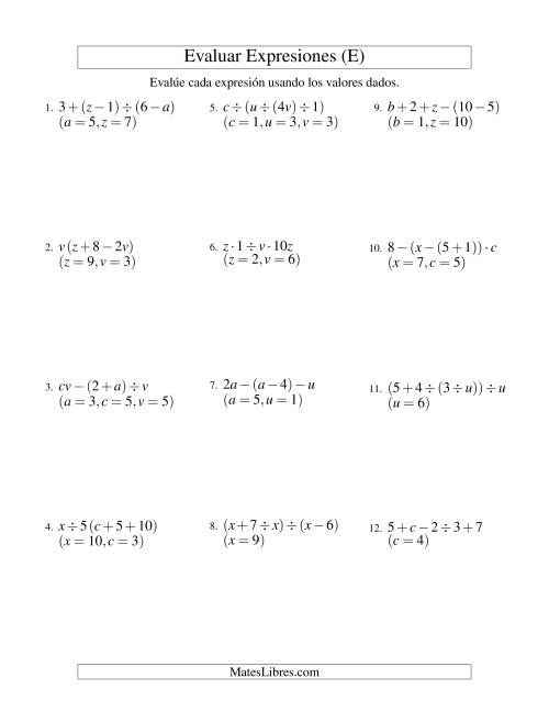 La hoja de ejercicios de Evaluar Expresiones Algebraicas, Tres Variables, Cuatro Pasos (E)