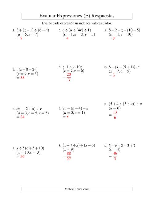 La hoja de ejercicios de Evaluar Expresiones Algebraicas, Tres Variables, Cuatro Pasos (E) Página 2