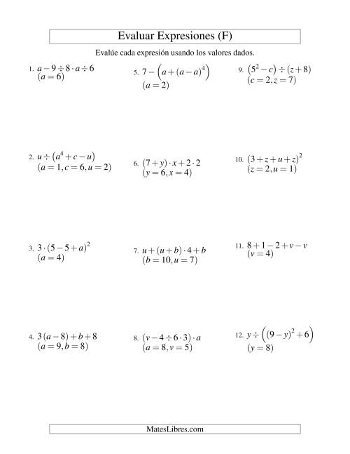 La hoja de ejercicios de Evaluar Expresiones Algebraicas, Tres Variables, Cuatro Pasos (F)