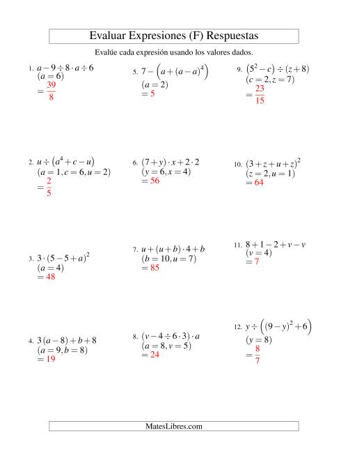 La hoja de ejercicios de Evaluar Expresiones Algebraicas, Tres Variables, Cuatro Pasos (F) Página 2